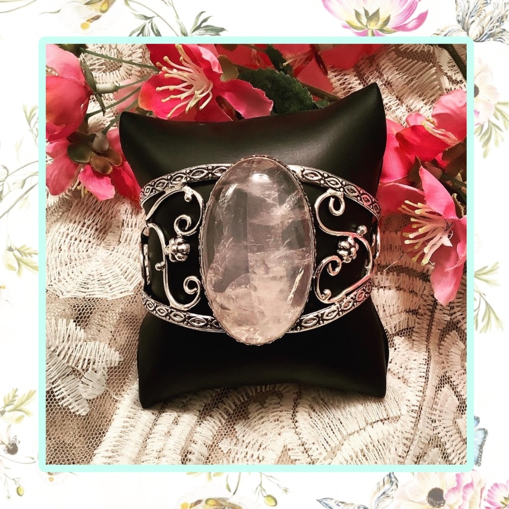 🌸 ROSE QUARTZ CUFF BRACELET BOHO CHIC BOHEMIAN CELTIC GYPSY GODDESS GEM PINK